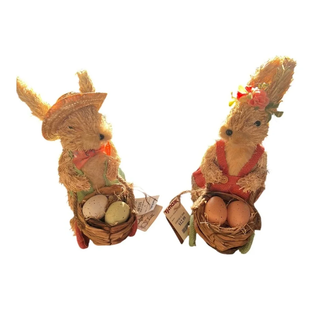 Primrose Vintage Easter Bunny Figurine Set Sisal Burlap 12